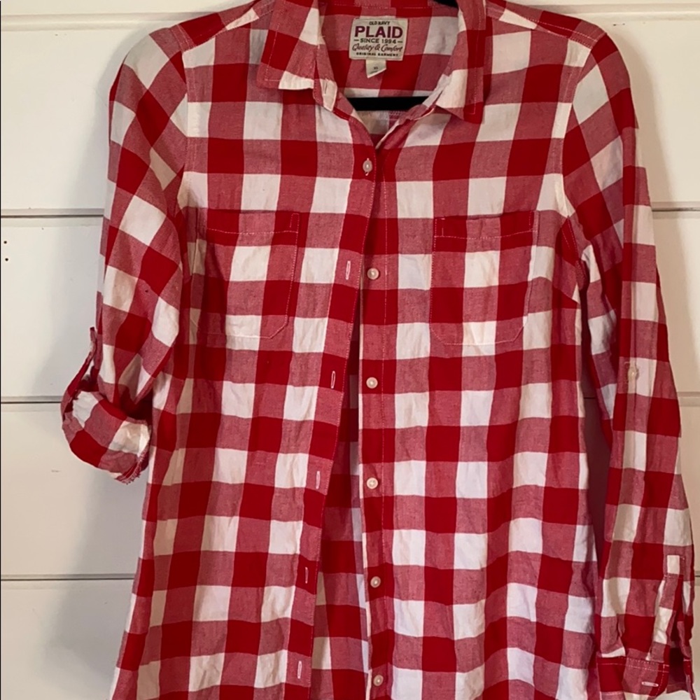 Red and White Plaid Button Up